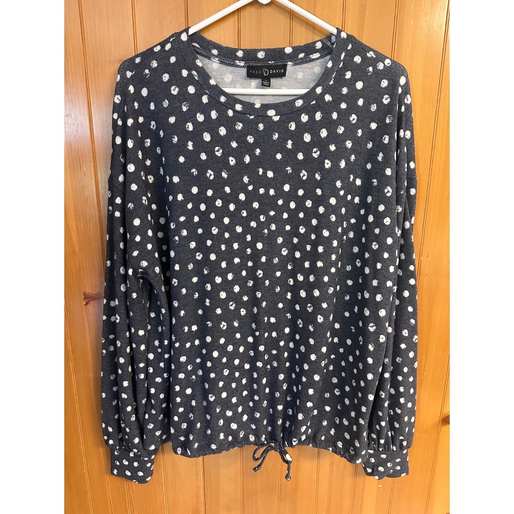 Fred David Womens Polka Dot Long Sleeve Drawstring Hem Top Charcoal Grey XL